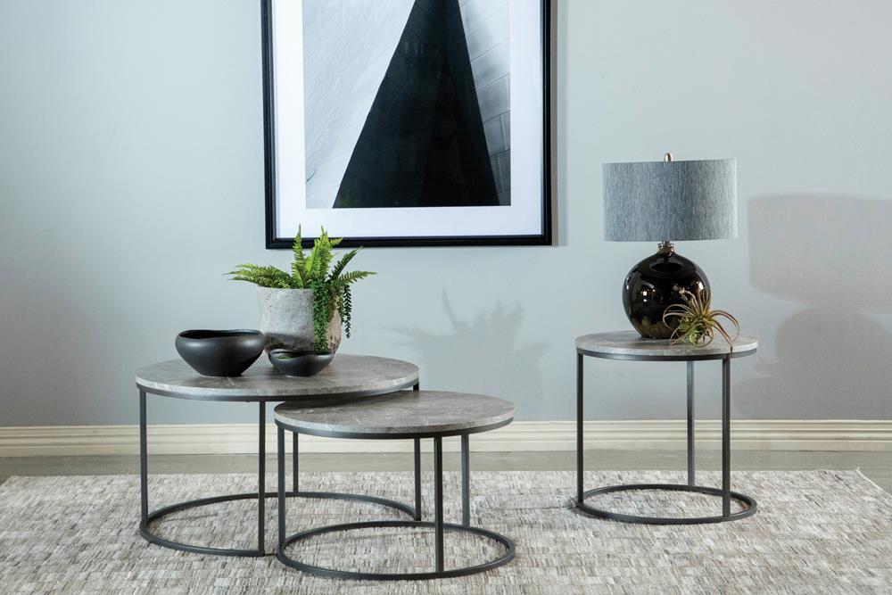 Lainey Faux Marble Round Top End Table Grey and Gunmetal - Royal Furniture & Gifts (MI) - Multi Location
