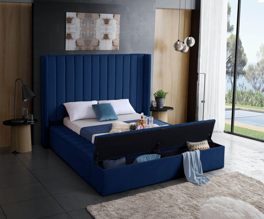 Kiki Navy Velvet Queen Bed (3 Boxes) - Royal Furniture & Gifts (MI) - Multi Location