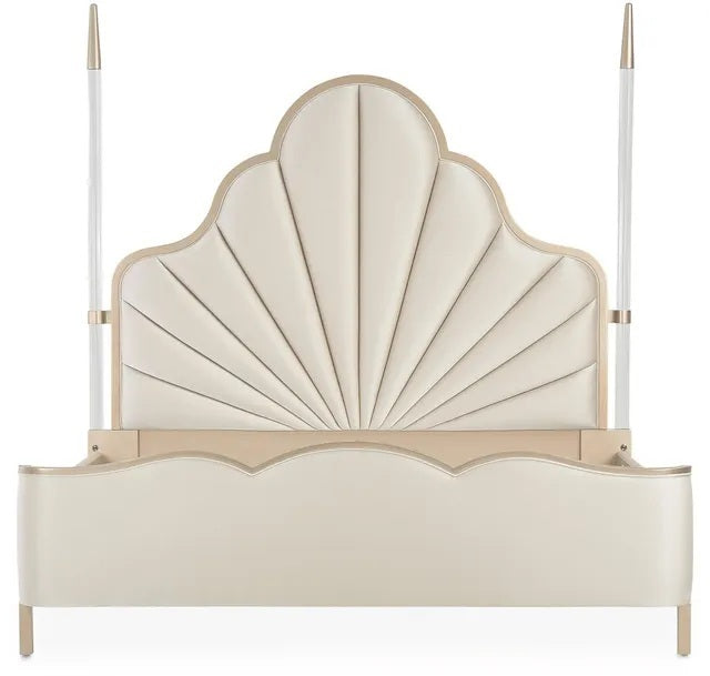 AICO Malibu Crest Queen Scalloped Poster Bed in Chardonnay