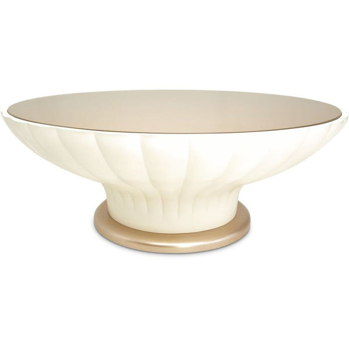 AICO La Rachelle Round Scalloped Cocktail Table with Glass in Medium Champagne
