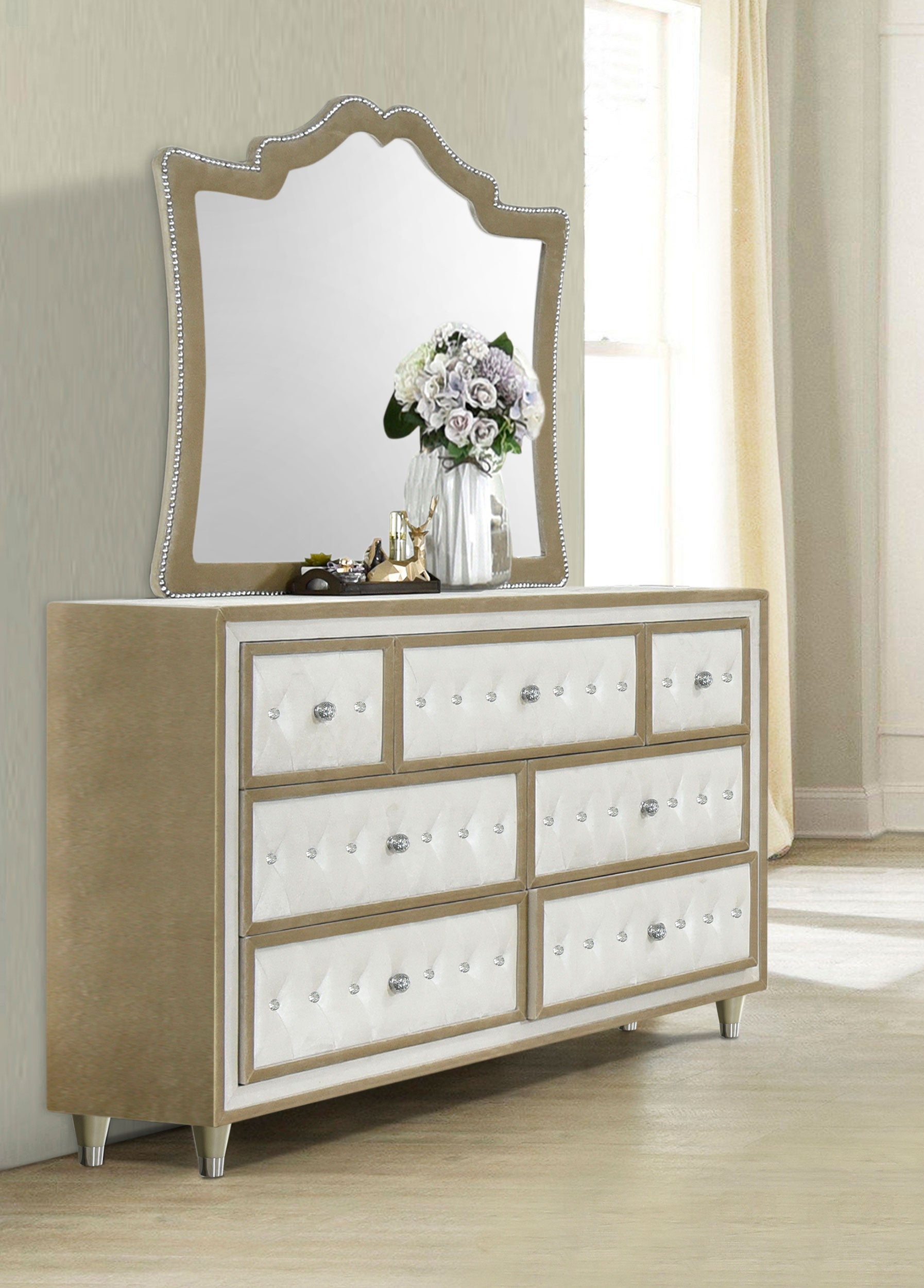 gold mirrored dresser Furniture of America Rilon Champagne 11-Drawer 68 in. and Mirror with Genuine Marble Top N7670GD-DM 6 Number of Drawers Lorient - LED Dresser Mirror