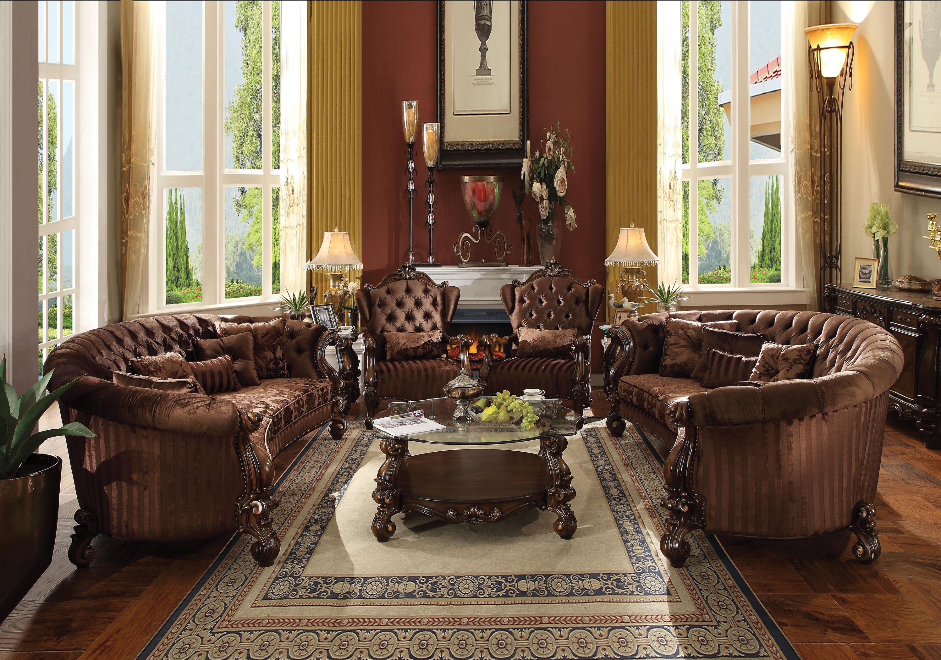 Versailles Brown Velvet & Cherry Oak Sofa w/5 Pillows — Royal Furniture ...