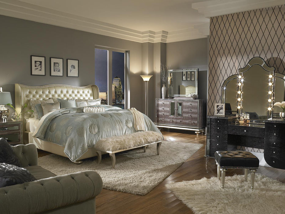 AICO Hollywood Swank King Upholstered Platform Bed in Pearl