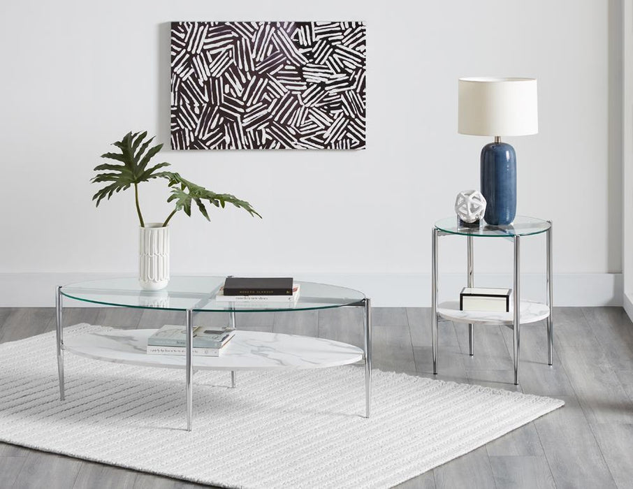 Cadee Round Glass Top Coffee Table White and Chrome - Royal Furniture & Gifts (MI) - Multi Location