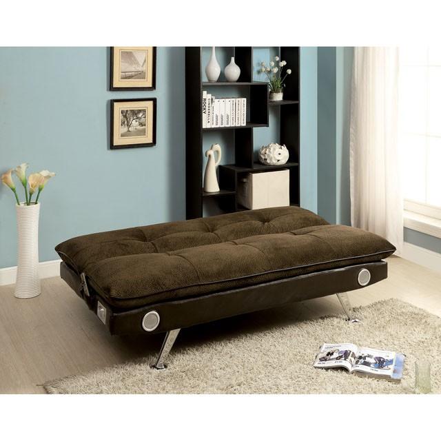 GALLAGHER Dark Brown/Chrome Futon Sofa w/ Bluetooth Speaker, Brown - Royal Furniture & Gifts (MI) - Multi Location