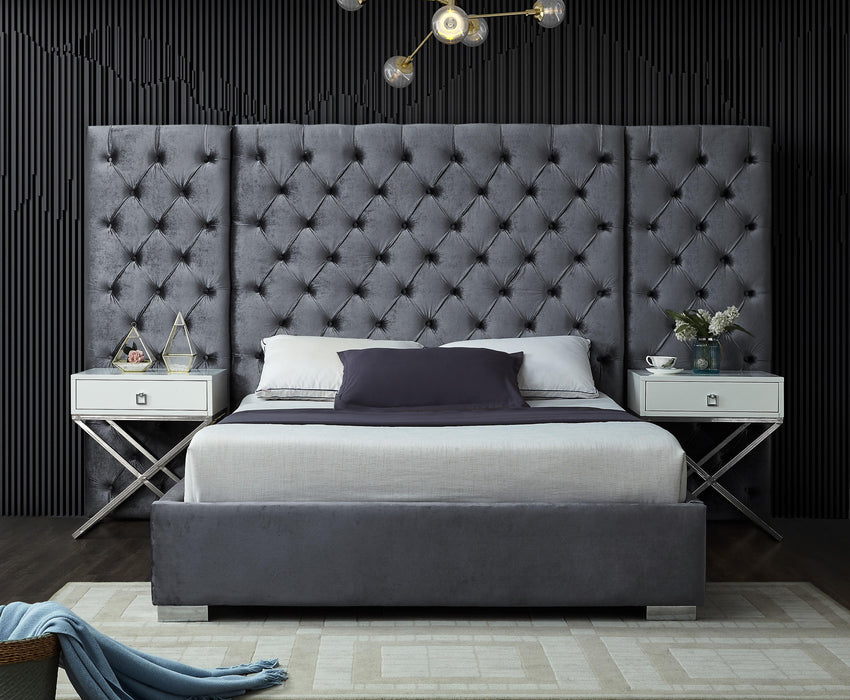 Grande Grey Velvet Queen Bed (3 Boxes) - Royal Furniture & Gifts (MI) - Multi Location