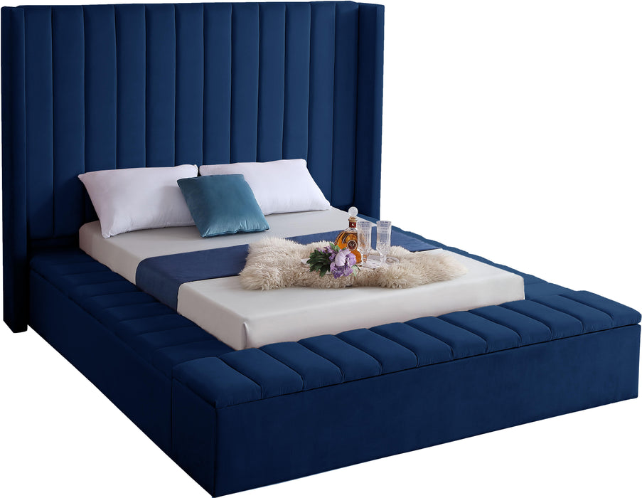 Kiki Navy Velvet Queen Bed (3 Boxes) - Royal Furniture & Gifts (MI) - Multi Location