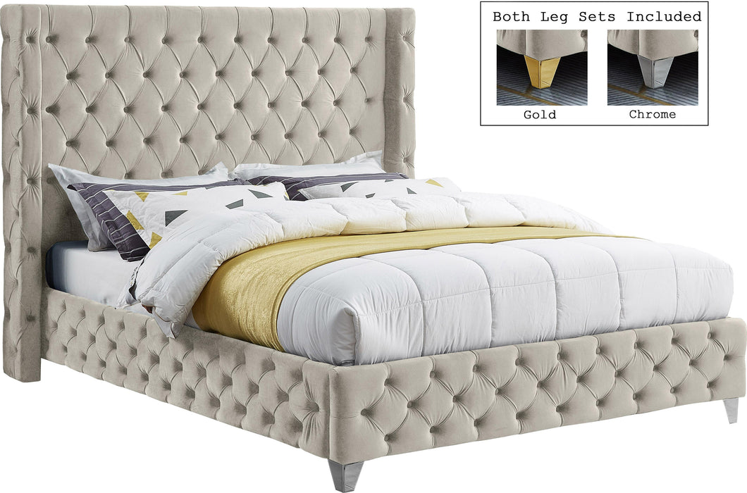 Savan Cream Velvet King Bed - Royal Furniture & Gifts (MI) - Multi Location