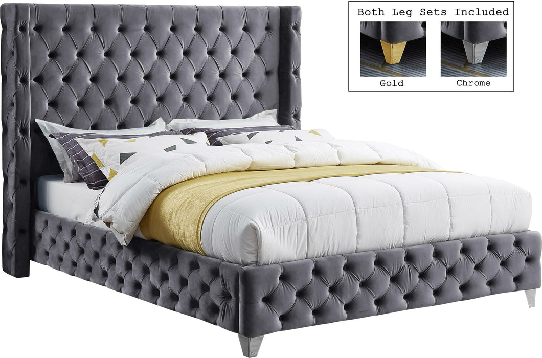 Savan Grey Velvet King Bed - Royal Furniture & Gifts (MI) - Multi Location