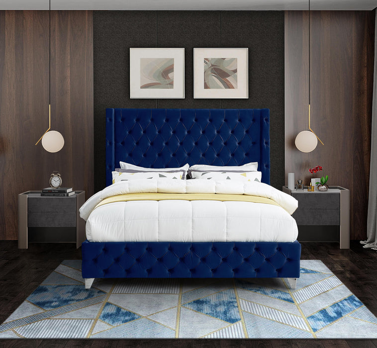 Savan Navy Velvet Queen Bed - Royal Furniture & Gifts (MI) - Multi Location